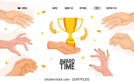 Competition award website, vector illustration. Contest landing page, prize winner announcement. Hand holding golden trophy, symbol of victory. People reaching for the prize, challenge award concept