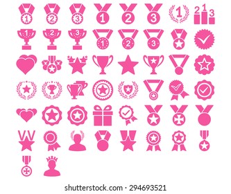 Competition and Awards Icons. These flat icons use pink color. Vector images are isolated on a white background. 