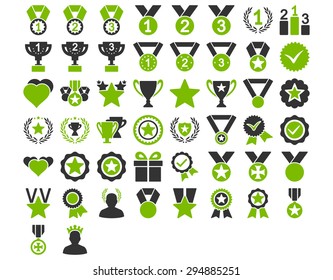 Competition and Awards Icons. These flat bicolor icons use eco green and gray colors. Vector images are isolated on a white background. 