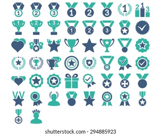 Competition and Awards Icons. These flat bicolor icons use cobalt and cyan colors. Vector images are isolated on a white background. 