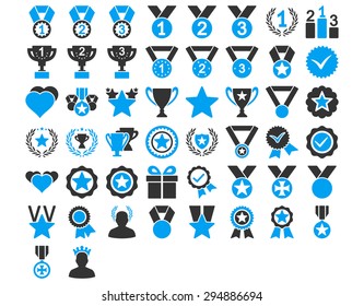 Competition and Awards Icons. These flat bicolor icons use blue and gray colors. Vector images are isolated on a white background. 