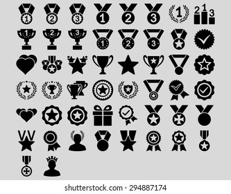 Competition and Awards Icons. These flat icons use black color. Vector images are isolated on a light gray background. 