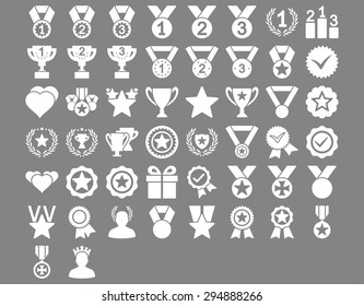 Competition and Awards Icons. These flat icons use white color. Vector images are isolated on a gray background. 