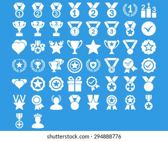 Competition and Awards Icons. These flat icons use white color. Vector images are isolated on a blue background. 