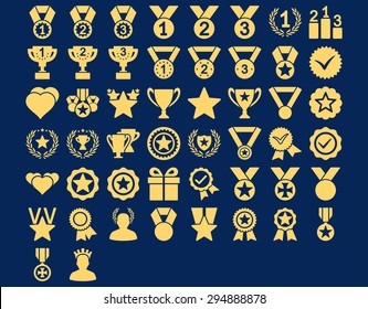 Competition and Awards Icons. These flat icons use yellow color. Vector images are isolated on a blue background. 