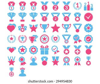 Competition and Awards Icons. These flat bicolor icons use pink and blue colors. Vector images are isolated on a white background. 