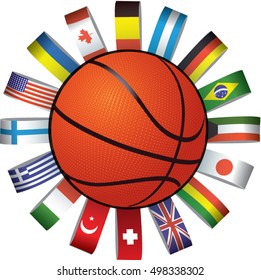 competition in basketball, the ball is surrounded by flags