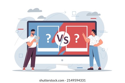 Competition or battle concept. Young male entrepreneurs stand next to large monitor with vs sign and confront each other. Championship or competition in business. Cartoon flat vector illustration