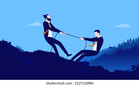 Competition between businessmen - Two men in tug of war competing. Business rivalry concept. Flat design vector illustration on blue background