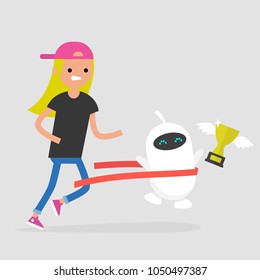 Competition between humans and robots. Artificial intelligence. Technology. Concept. Flat editable vector illustration, clip art