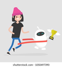 Competition between humans and robots. Artificial intelligence. Technology. Concept. Flat editable vector illustration, clip art