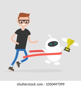 Competition between humans and robots. Artificial intelligence. Technology. Concept. Flat editable vector illustration, clip art