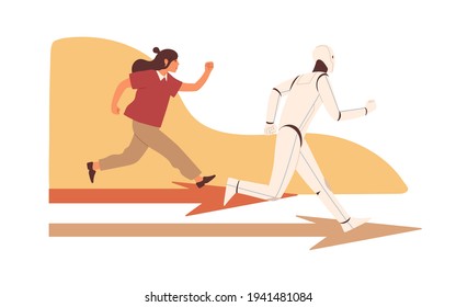 Competition between robot and human. Person vs AI concept. Technologies competing with people. Confrontation with artificial intelligence. Colored flat vector illustration isolated on white background