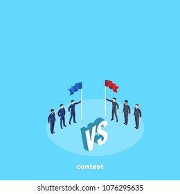 competition between two business teams, men in business suits, isometric image