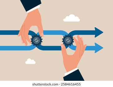 Competition. Big human hands change gears to change management. Modern flat vector illustration