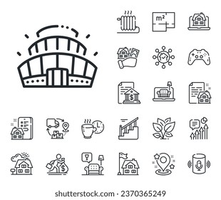 Competition building sign. Floor plan, stairs and lounge room outline icons. Arena stadium line icon. Sport complex symbol. Arena stadium line sign. House mortgage, sell building icon. Vector