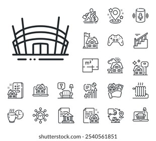 Sinal de construção de competição. Planta de chão, escadas e ícones da sala de estar. Ícone da linha do estádio da Arena. Símbolo do complexo desportivo. Sinal de linha do estádio da arena. Moradia, venda de ícone de construção. Vetor