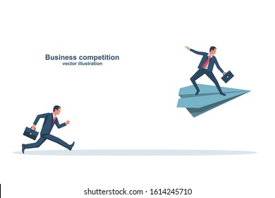 Competition business. Businessmen compete on the road to success. A plane is faster than running. Creative solution to the problem. Vector illustration flat design. Isolated on white background.