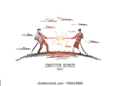 Competition business concept. Hand drawn two persons man and woman playing tug of war. Competition between two businessmen isolated vector illustration.