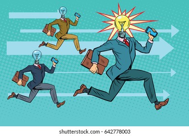 Competition of business ideas, people light bulb. Pop art retro vector illustration drawing