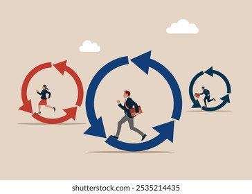 Competition. Business people running on circle arrow diagram. Working habit, life cycle and process to success. Flat vector illustration