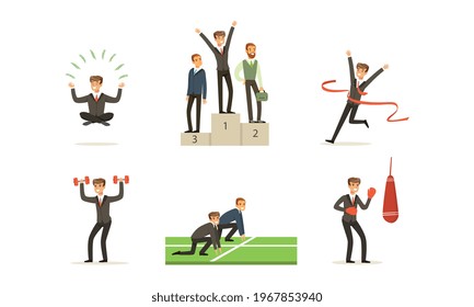 Competition of Business People Set, Office Employees Competing Among Themselves, Achieving Goal, Celebrating Success Cartoon Vector Illustration