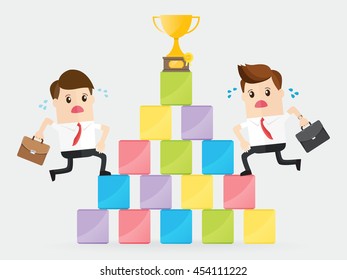 competition of businesspeople, businessman with rival running on cubic box to get golden trophy