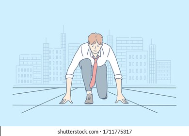 Competition, challenge, business concept. Young happy smiling businessman boy office clerk or manager cartoon character ready for work or race. Preparation for contest or startup and career beginning.
