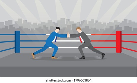 ฺBusiness competition concept. Business competitor in boxing stage hand to hand wresting strike. Businessman fighting one on one with marketing rival.