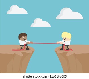 Competition concept. Business people. Businessman in suit pull the rope symbol of rivalry on the cliff