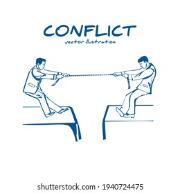 Competition concept. Business people. Businessmen in suit pull the rope at edge of cliff, symbol of rivalry, competition, conflict. Tug of war. Vector minimalistic sketch design. Corporate conflicts.