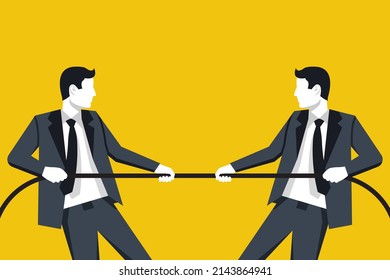 Competition Concept. Business People. Businessmen In Suit Pull The Rope At Edge Of Cliff, Symbol Of Rivalry, Competition, Conflict. Tug Of War. Vector Illustration, Flat Design. Corporate Conflicts.