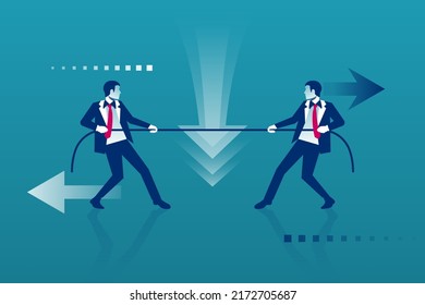 Competition Concept. Business People. Businessmen In Suit Pull The Rope As A Symbol Of Rivalry, Competition, Conflict. Tug Of War. Vector Illustration, Flat Design. Corporate Conflicts.