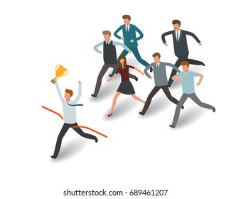 Competition concept. Businessman and group of business people running to the goal. Info graph vector illustration