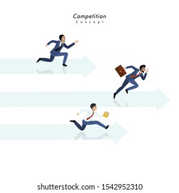 Competition concept of businessmen running together on the arrow and white background vector