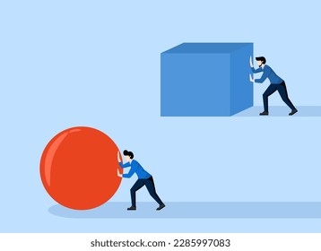 Competition concept. Enterprising businessman pushing ball Behind pushing heavy load. Winning strategy business concept. Effective achievement. Direction to victory.