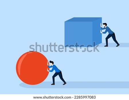 Competition concept. Enterprising businessman pushing ball Behind pushing heavy load. Winning strategy business concept. Effective achievement. Direction to victory.