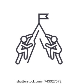 Competition concept, flag and mountain rise concept. vector thin line icon, symbol, sign, illustration on isolated background.