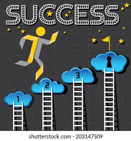 A Competition concept with Ladder and blue cloud, Step by step, person goes up the stairs, Vector EPS10