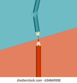 Competition concept. Leadership. Red pencil and broken blue pencil. Vector illustration.