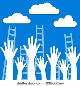 competition concept, white clouds on blue sky with ladders and human hands, stock vector illustration