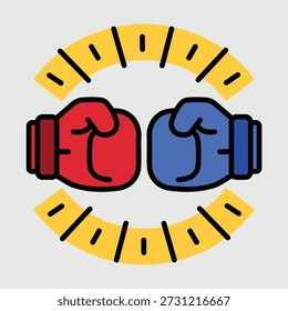 Concepto de competición y confrontación ilustrado por dos guantes de boxeo enfrentados en un estilo de contorno plano y colorido, que simboliza el desafío, la rivalidad y la determinación.