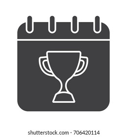 Competition day glyph icon. Silhouette symbol. Tournament date. Calendar page with winner's trophy cup. Negative space. Vector isolated illustration