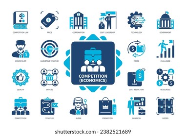 Competition (economics) icon set. Marketing Strategy, Competition Law, Cost Reduction, Resources, Buyers, Price, Trade, Goods. Duotone color solid icons