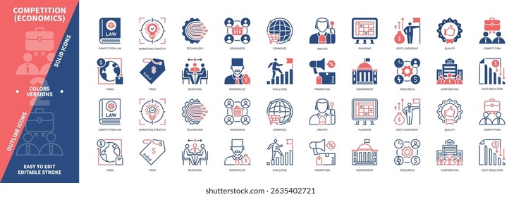 Competition (economics) icon set. Marketing Strategy, Competition Law, Cost Reduction, Resources, Buyers, Price, Trade, Goods. Duotone color solid and editable outline icons