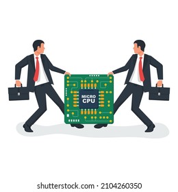 Competition for electronic chip. Shortage semiconductor and computer chip. Two businessman fighting. Electronics manufacturing problem. Vector illustration flat design. Isolated on white background.