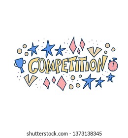 Competition emblem with decoration isolated on white background. Vector color illustration in doodle style.