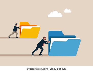Competition. Enterprising business people pushes folders. Winning strategy business concept. Effective achievement. Flat vector illustration