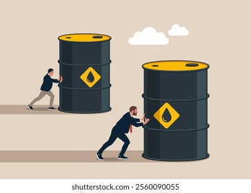 Competition. Enterprising businessman pushes barrels oil. Direction to victory. Winning strategy business concept. Effective achievement. Crisis сrude oil. Flat vector illustration.