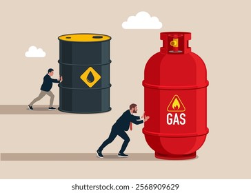 Competition. Enterprising businessman pushes barrels oil and gas cylinder. Direction to victory. Winning strategy business concept. Effective achievement. Flat vector illustration.